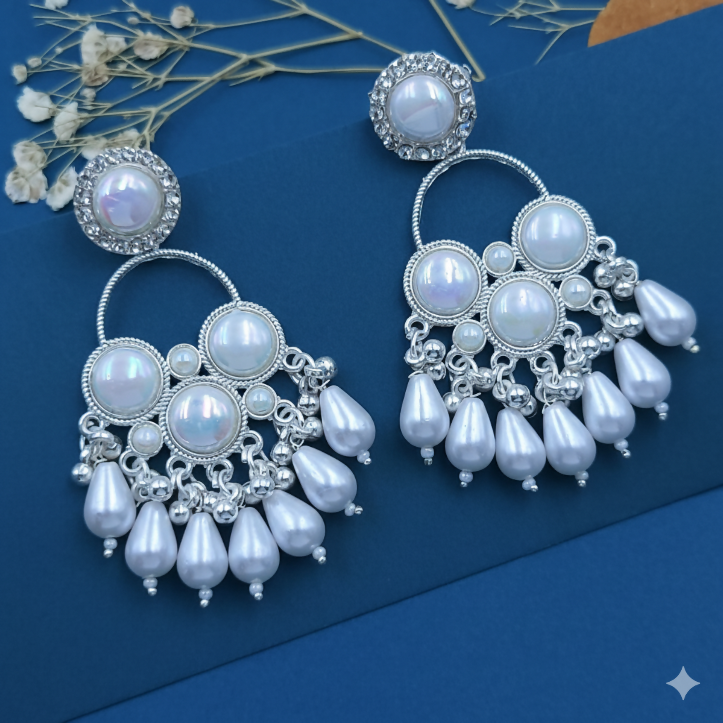 Kundan White Pearl Silver Plated Chandbali Earrings Agate Alloy Chandbali Earring