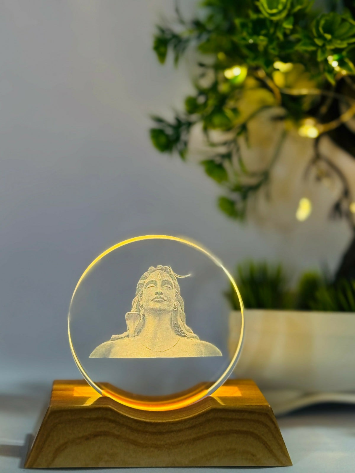 Shiv Engraved Acrylic LED Night Lamp with Wooden Base for Home Decor & Gifting