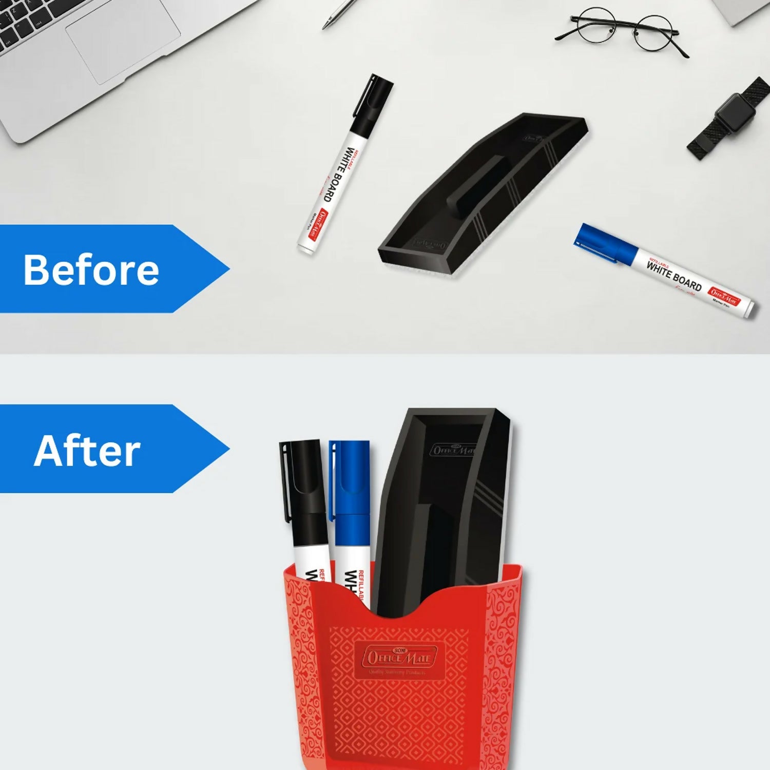 Officemate Magnetic Whiteboard Holder Set with Duster & 2 Refillable Whiteboard Markers