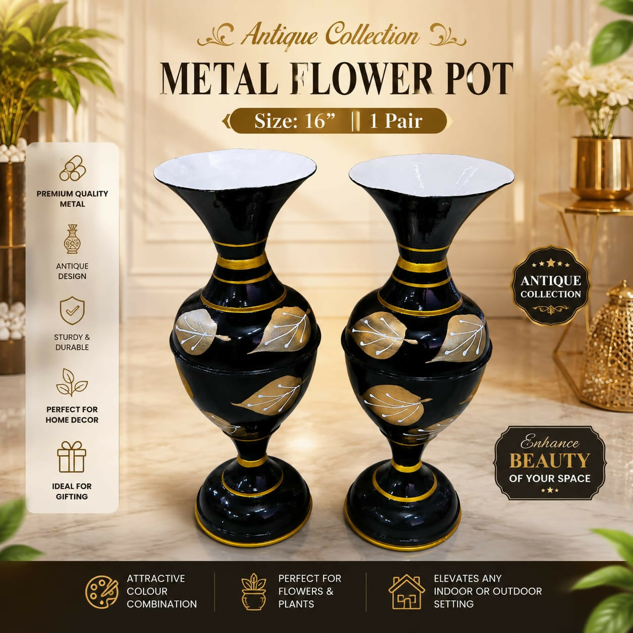 Pair of 16-inch antique black and gold metal flower pots with leaf design