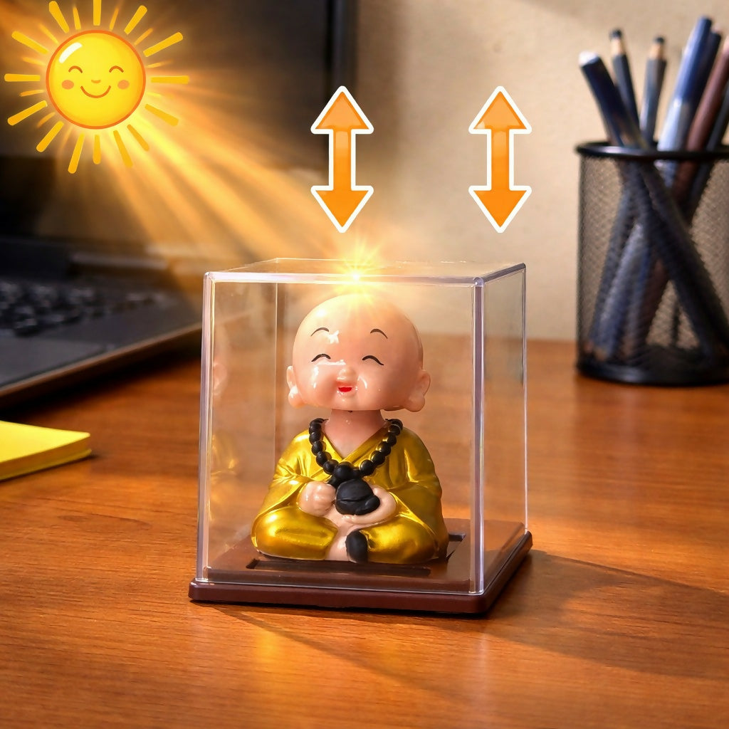 Solar Monk Bobble Head with Moving Head in Clear Display Case (Color may vary)
