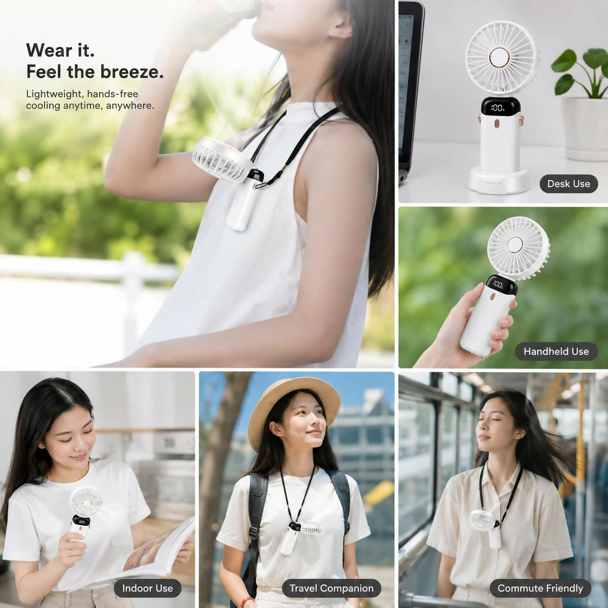 Portable Mini Neck Fan with LED Display & Desk Stand