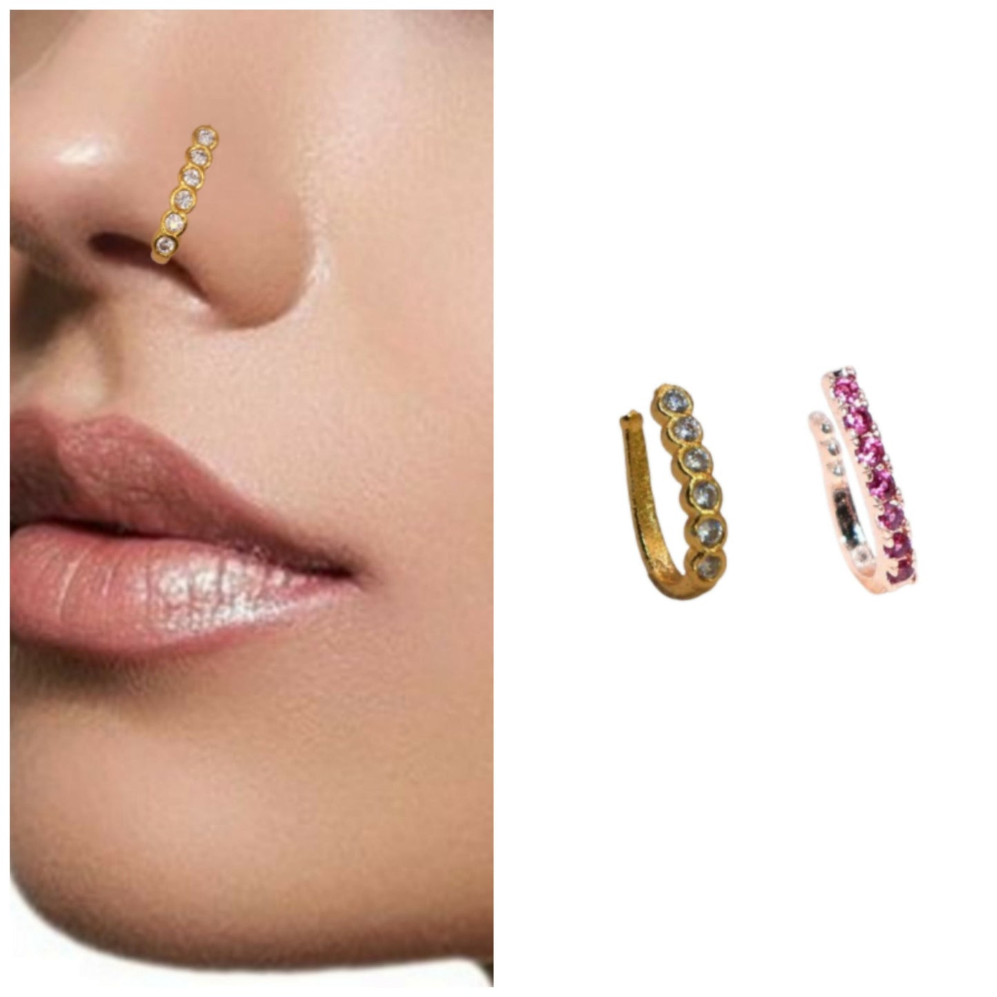 Deluxe non-piercing nose pin set with six clip-on Nath styles in gold and rose-gold
