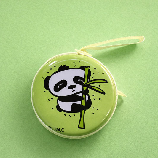 Round coin pouch with cute panda print and zipper closure