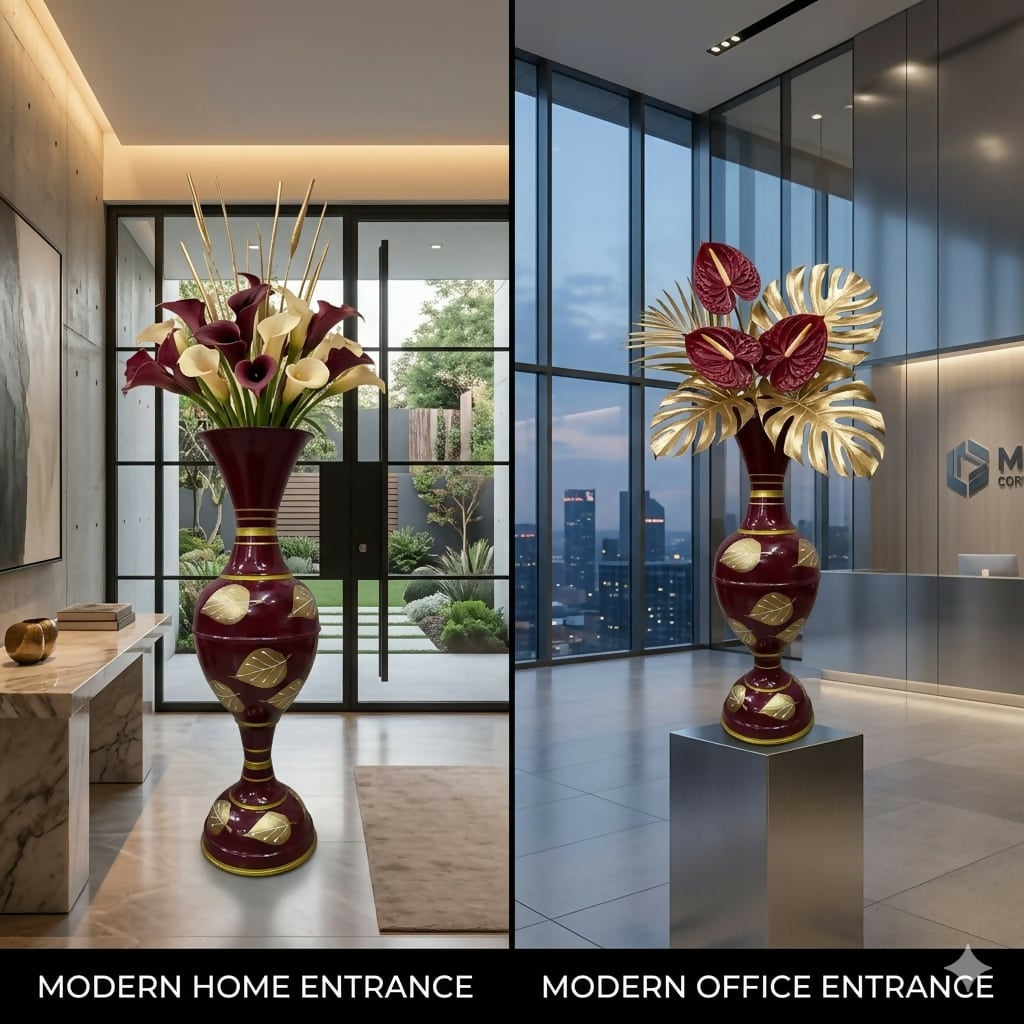 Metal flower vase placed in living room corner