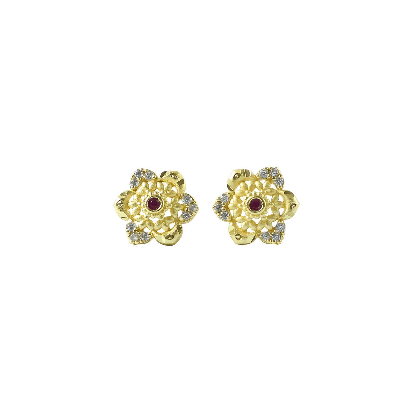 Gold stud earrings with floral motif and center stone