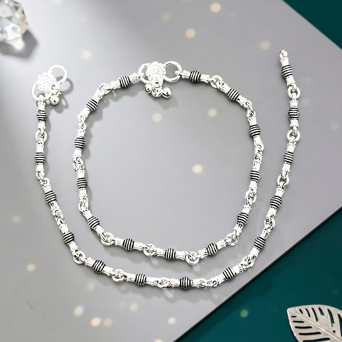 Silver Anklets - Black Beads & Heart Charm