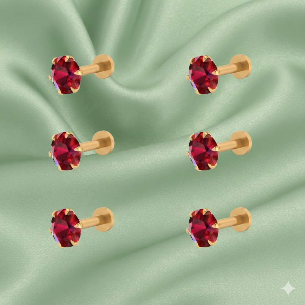 Complete set of six gold plated ruby nosepin studs with red crystals