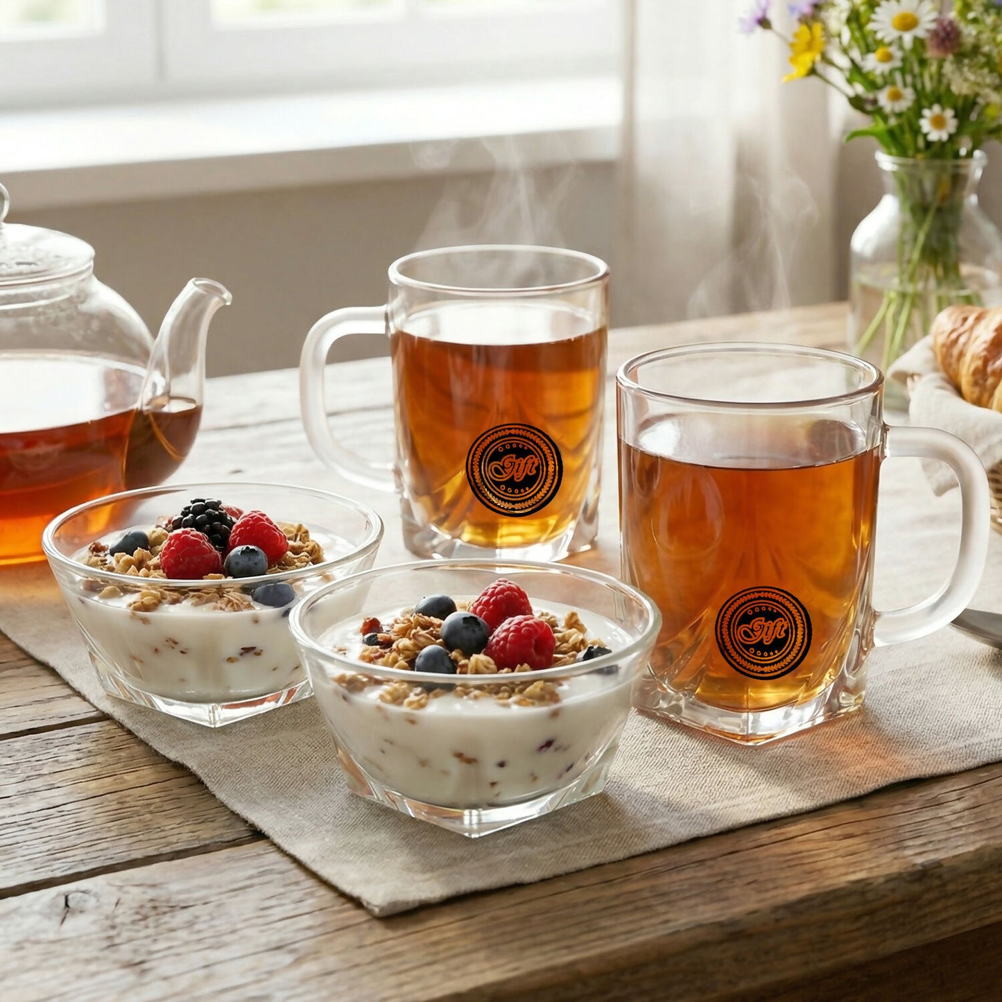 Black Berry 4-Piece Glassware Gift Set - 2 Elegant Coffee Mugs & 2 Crystal Snacks Bowls | Premium Transparent Crockery Set for Home & Gifting