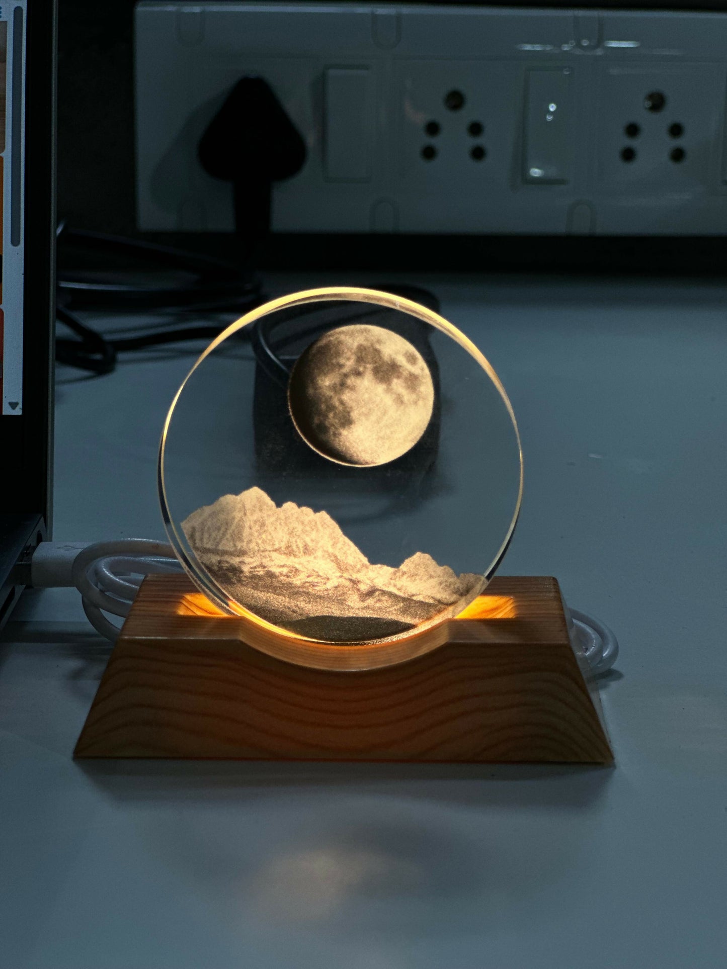 Crystal Moon LED Night Lamp with Wooden Base for Bedroom & Home Décor