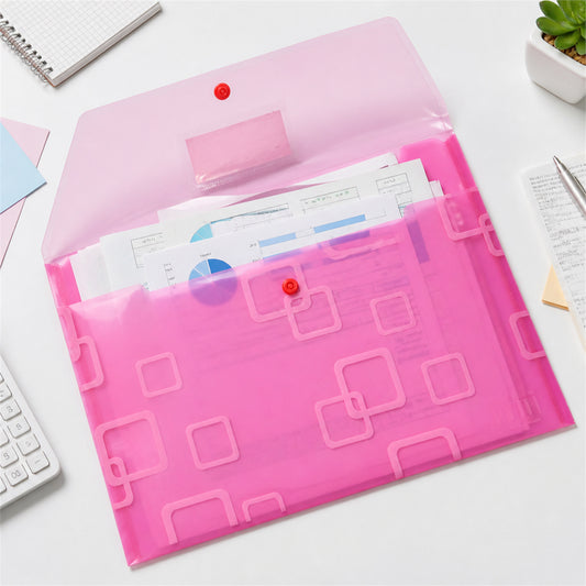 An open pink plastic document folder with a button closure, holding several papers, on a white desk.