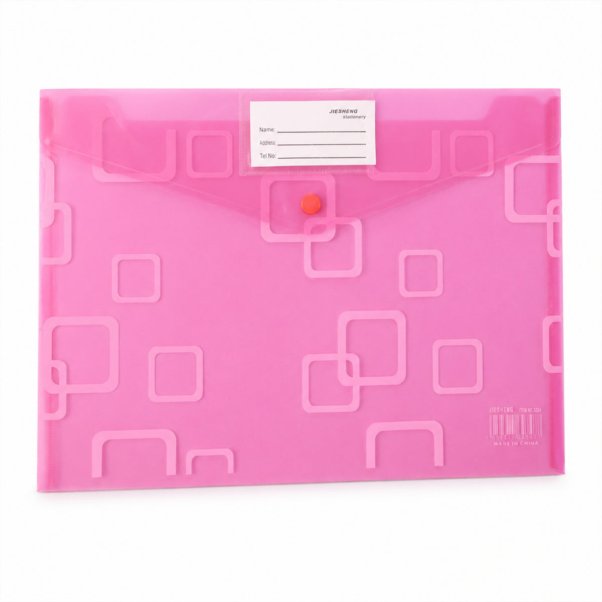 A closed pink plastic document folder with a button closure and a white label, on a white background.