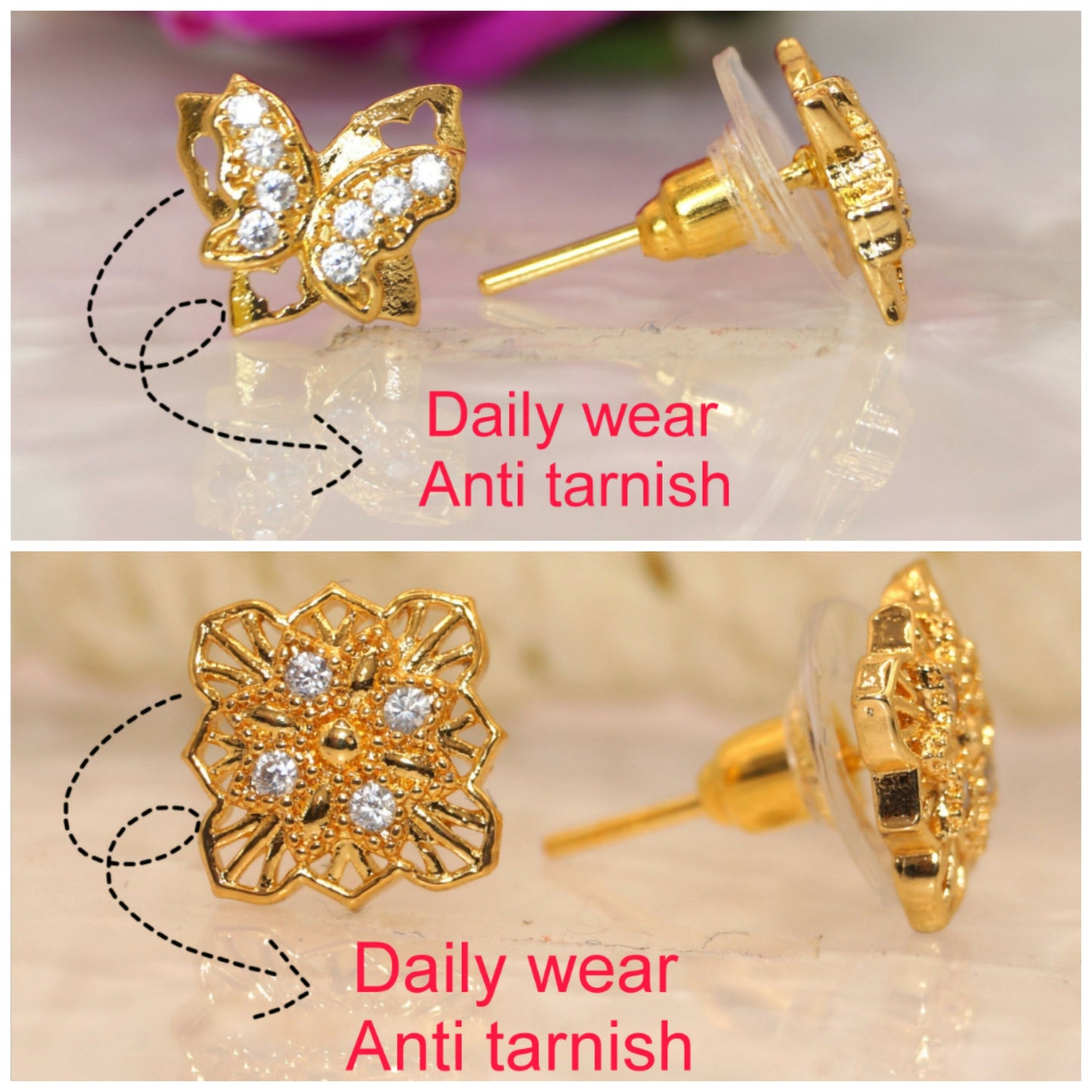 2 Pair Gold-Plated AD Stud Earrings: Butterfly & Floral Design for women and girls