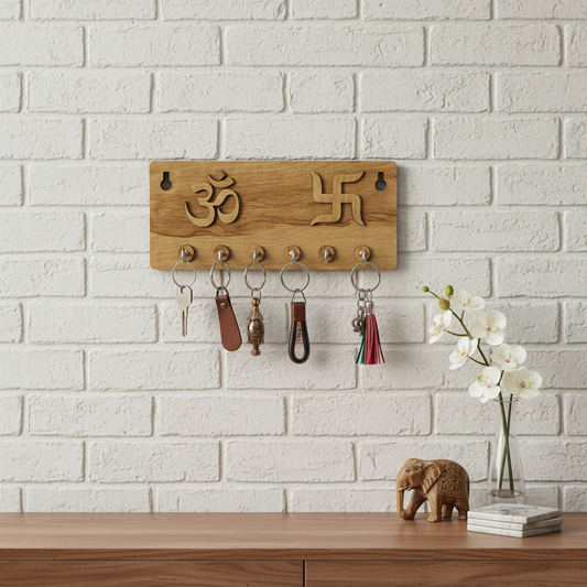 Embossed Om & Swastik Wooden Key Holder for Wall – Premium MDF Wall Key Organizer | Auspicious Home Décor