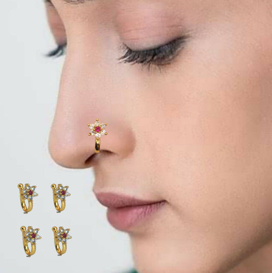 Gold Plated Floral Red & White Stone Clip-On Nose Ring for Women Combo Pack of 4