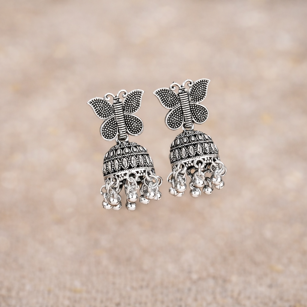 Stylish Oxidised Silver Butterfly Jhumka Earrings