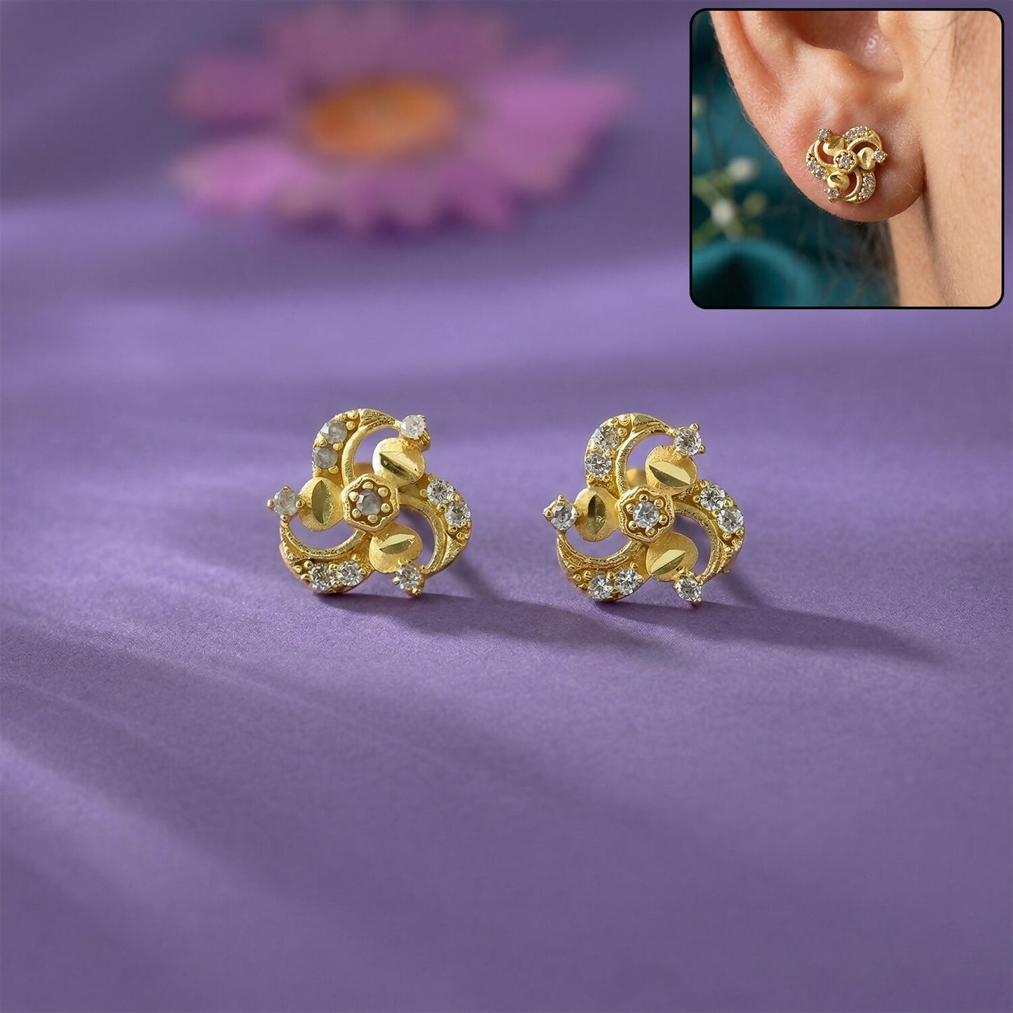 Elegant Floral Swirl Gold Stud Earrings with Crystal Detailing