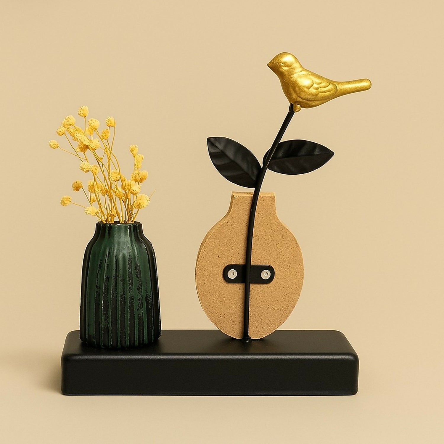 Luxury Metal Bird on Wooden Vase with Green Ceramic Pot & Artificial Flowers | Golden Bird Figurine Table Décor | Elegant Home, Office, Living Room, Bedroom, Café & Gifting Decoration Showpiece