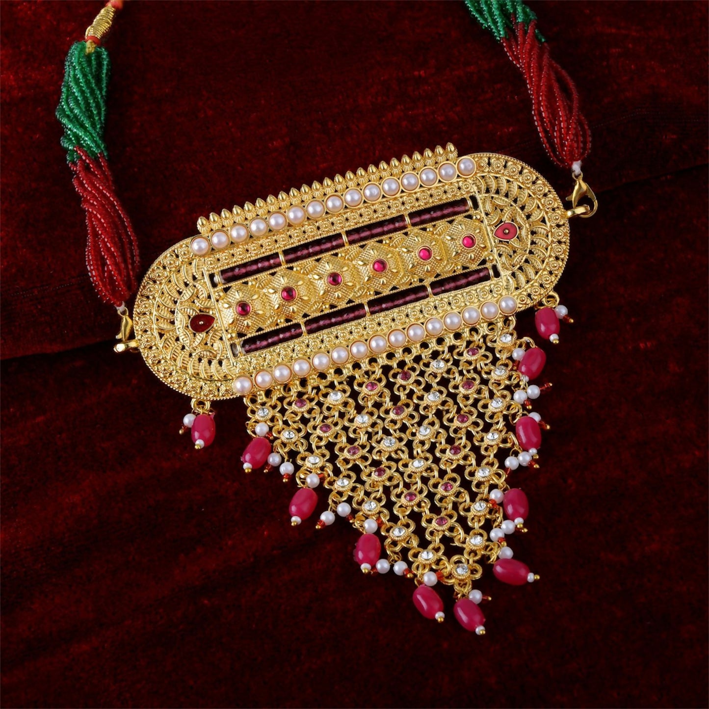 Handcrafted Rajasthani Rajwadi Aad with Ruby Latkan & Pearls with Earrings for Women & Girls