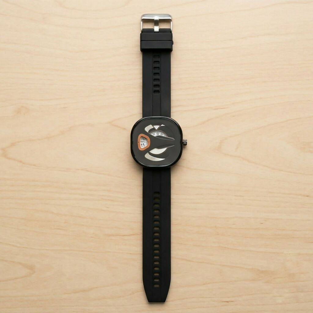Modern square dial watch on a dark surface from above