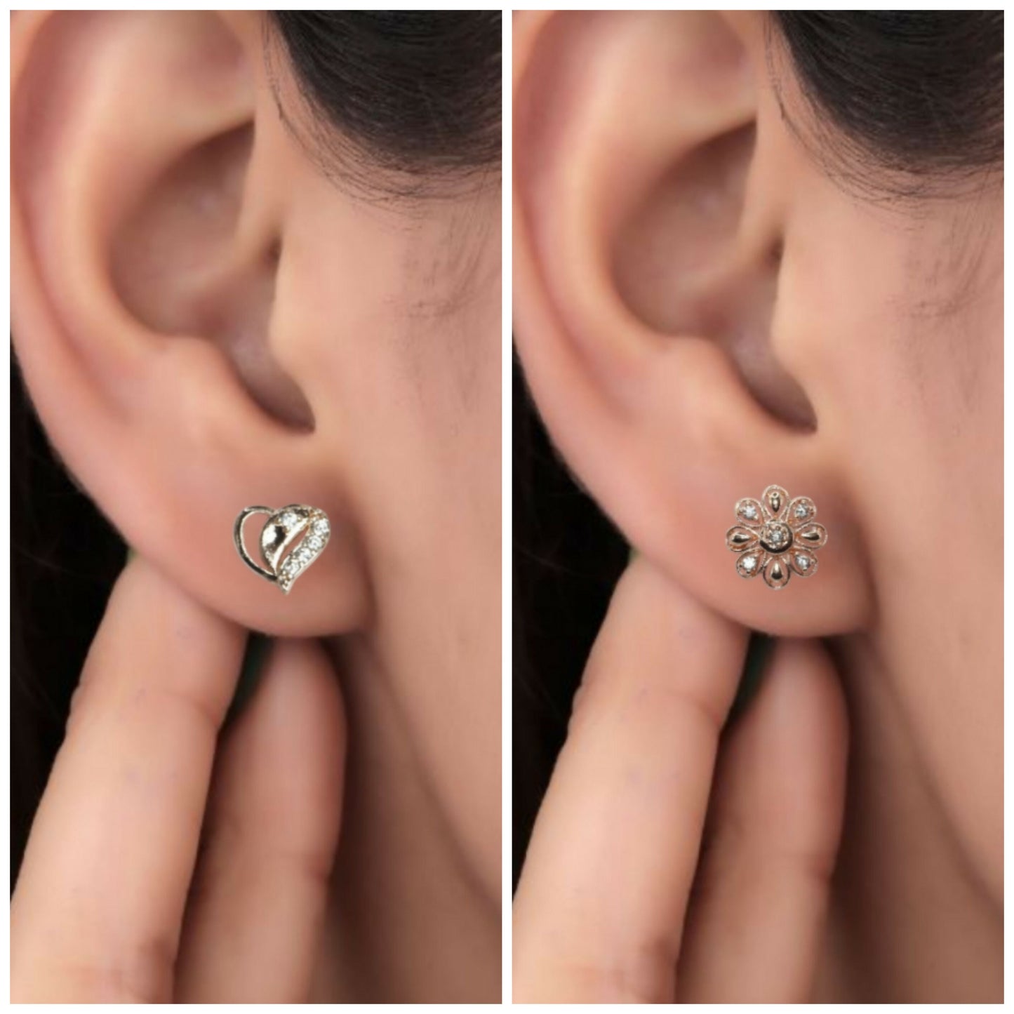 Rose Gold AD Stud Earrings - Flower & Heart Shape Daily Wear for women and girls Combo Pack of 2