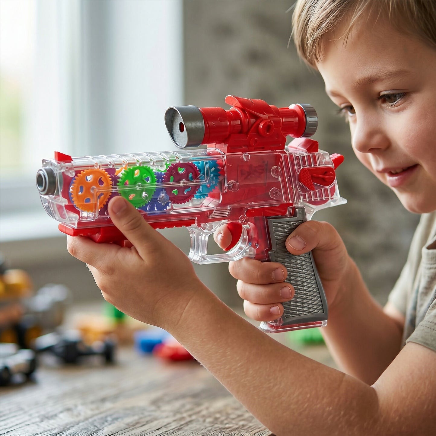 Gear projection gun toy with vibrant colors and flashing lights