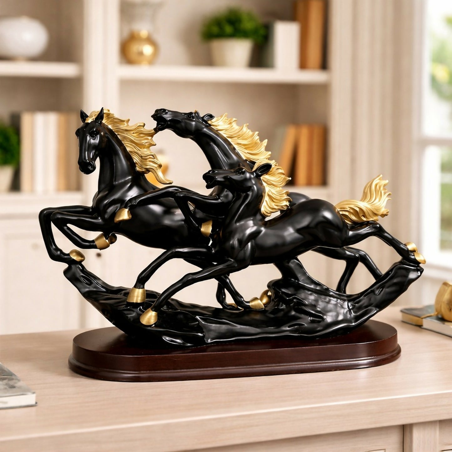 Three Running Horses Showpiece for Home Decor | Black & Gold Finish
