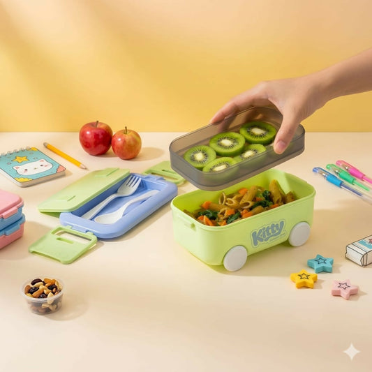 Toy car-shaped kids lunch box with layered compartments and Kitty design