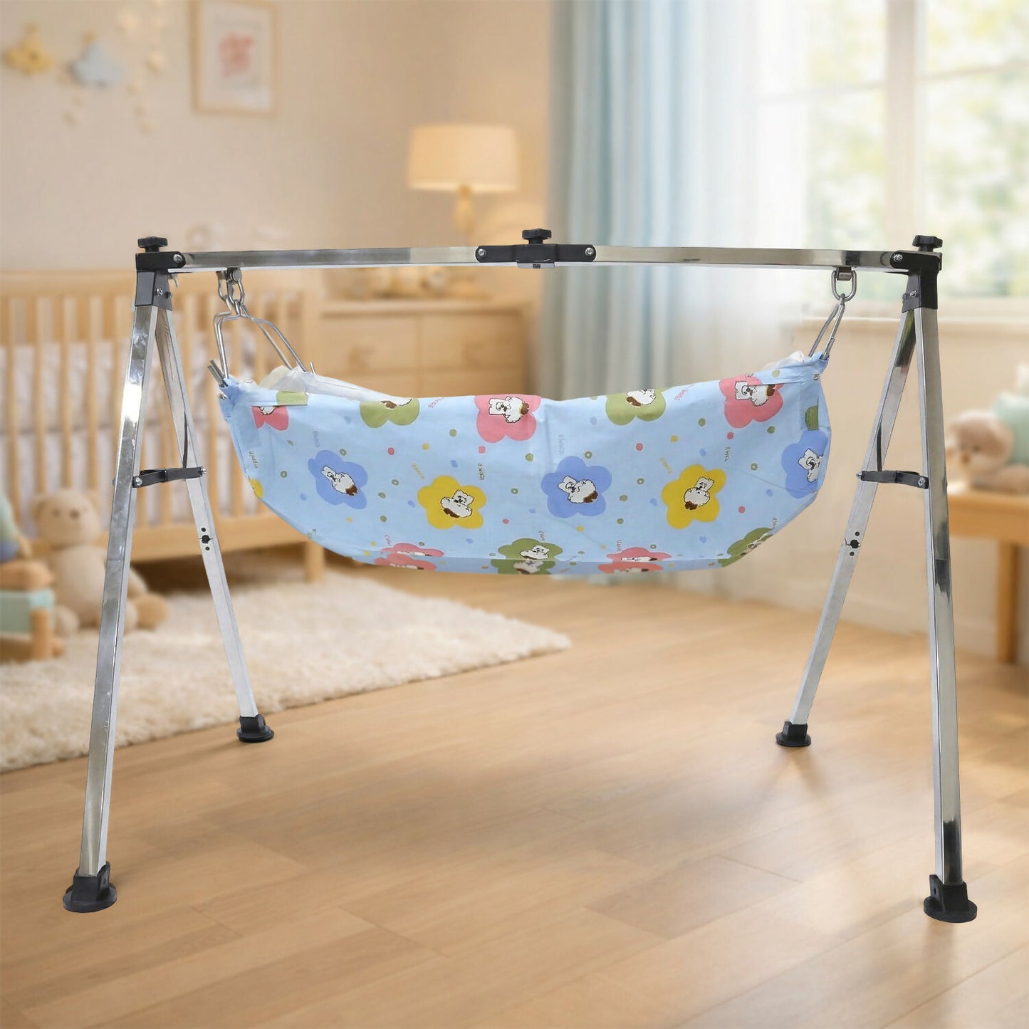 Baby hammock cradle with foldable stand showing soft fabric and sturdy frame