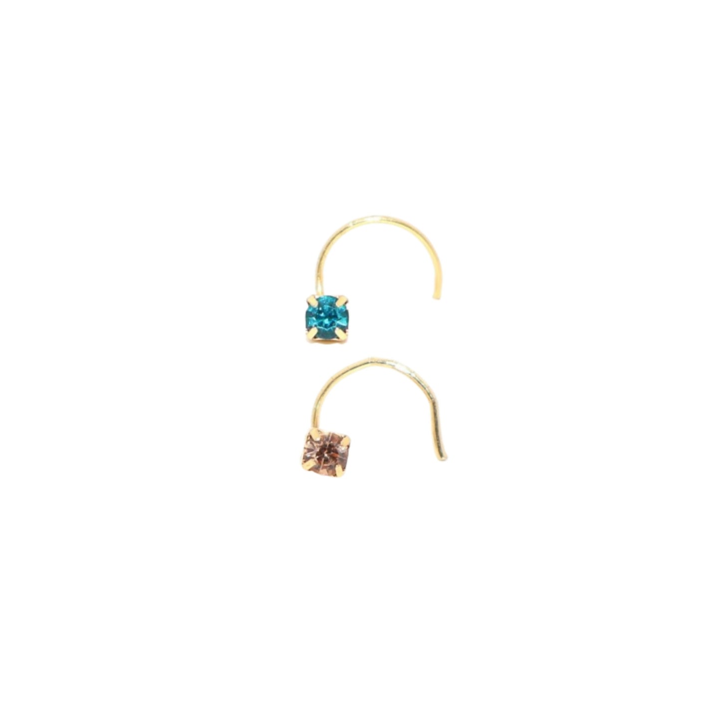 Pair of gold plated solitaire crystal nosepins in teal blue and champagne brown colors