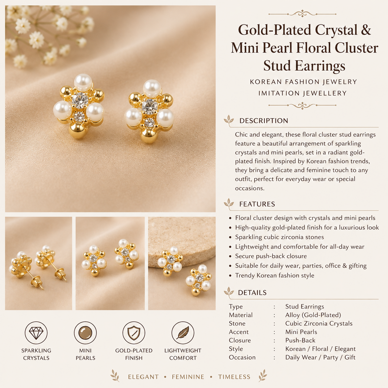 A collage showing the gold-plated floral stud earrings from various angles, with descriptive text and features.