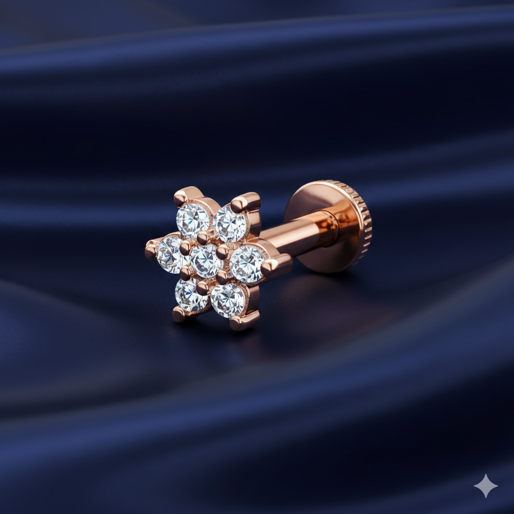 Close-up of rose gold plated crystal flower nosepin highlighting floral design