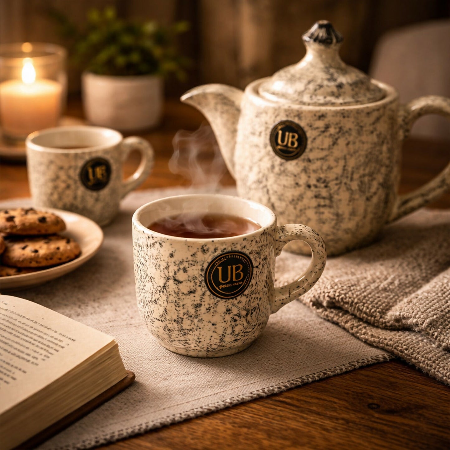 Elegant Ceramic Tea Set with Teapot, 6 Cups and Serving Bowls for Home Dining & Serving