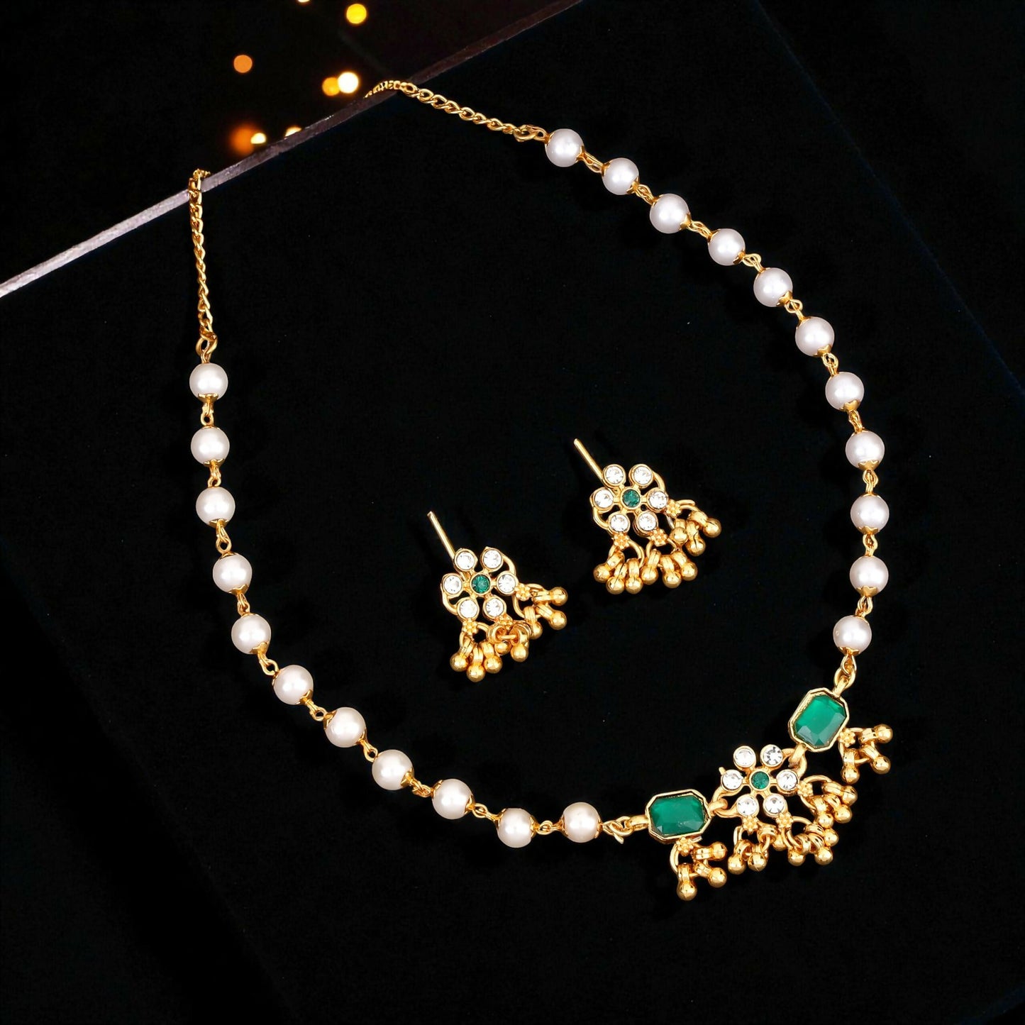 Traditional Gold-Plated Green Enamel Lotus Choker with Pearl Drops