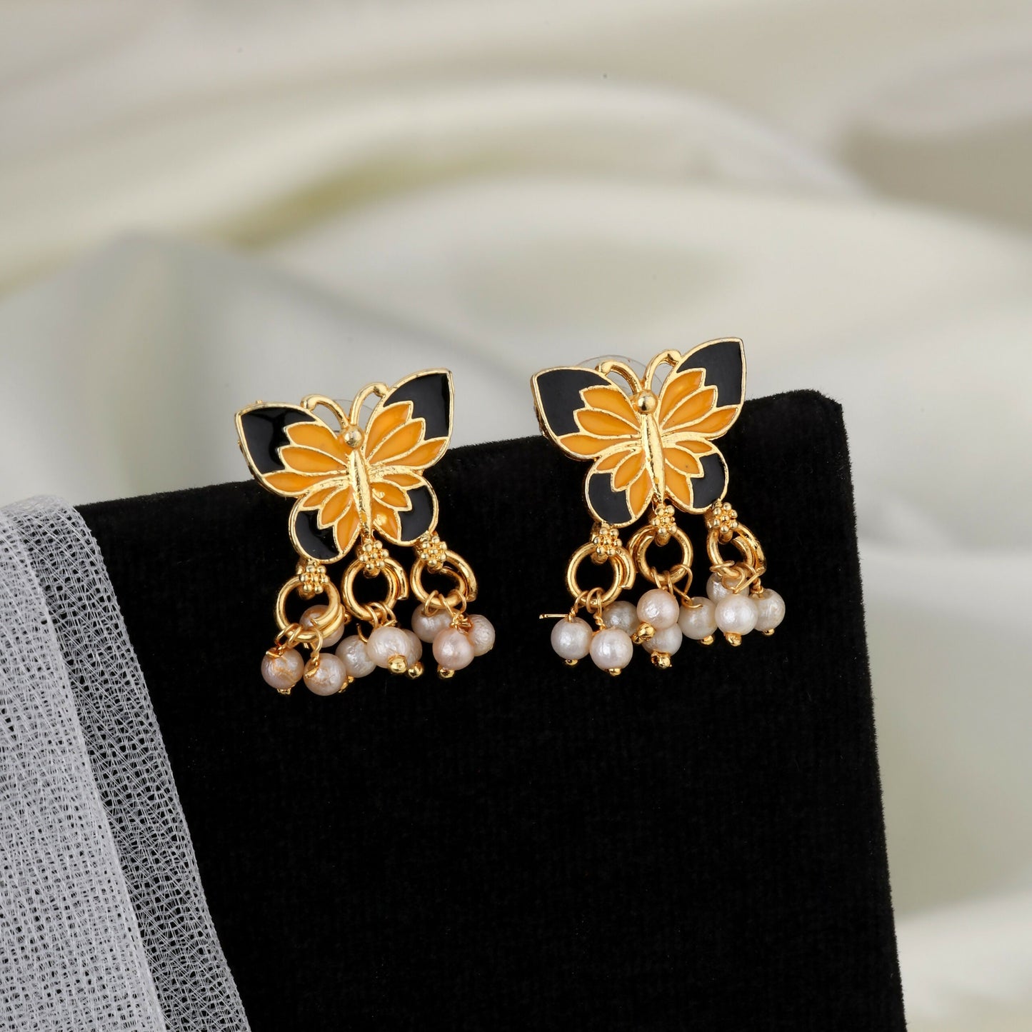 Gold-Plated Black & Yellow Enamel Butterfly Necklace Set with Pearl Drops