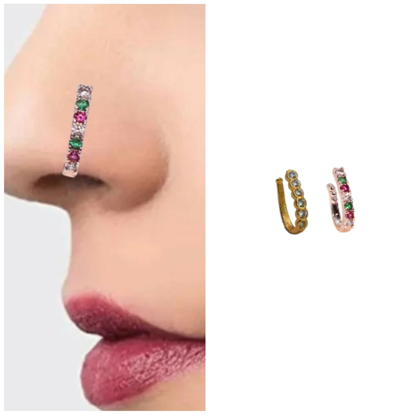 Silver-tone non-piercing cubic zirconia flower nose clip with ruby center
