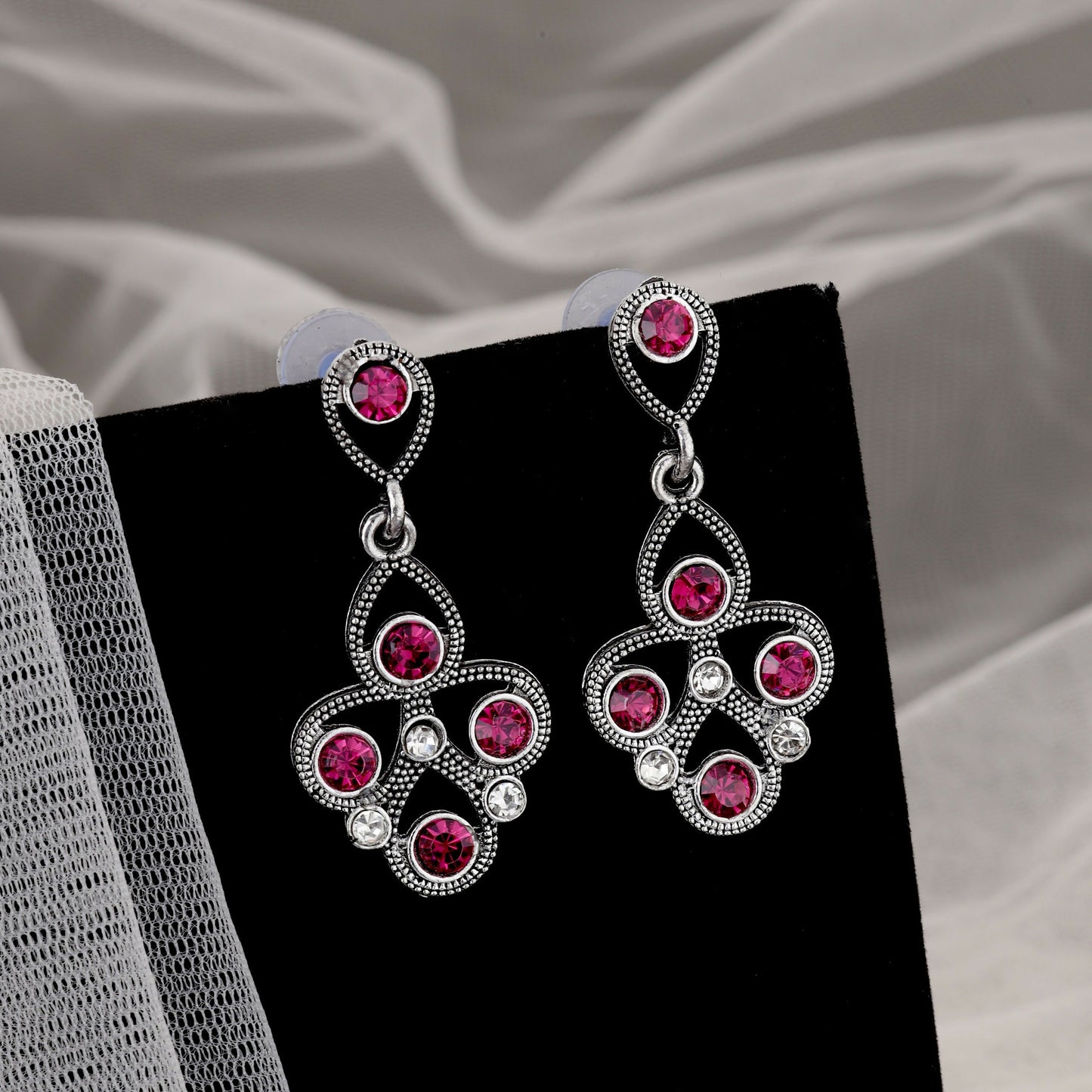Antique Silver-Toned Choker Set with Fuchsia Pink Stones