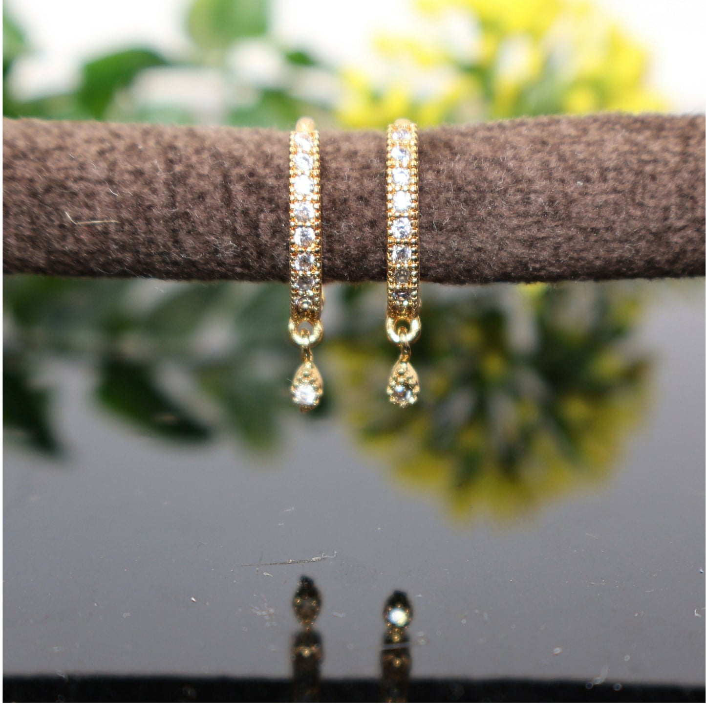 Gold plated Bali dangle huggie earrings with geometric floral design, set of 2