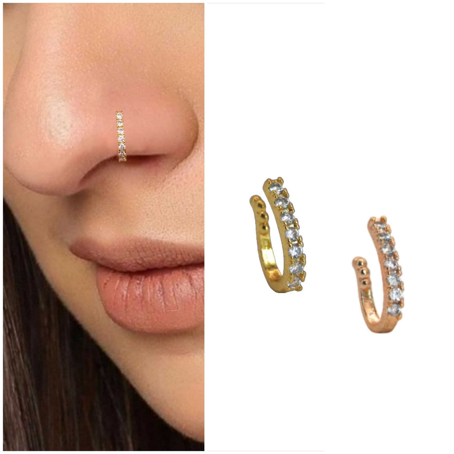 Gold & Rose Gold CZ Non-Piercing Nose Cuff/Clip On Nath Combo Pack of 2