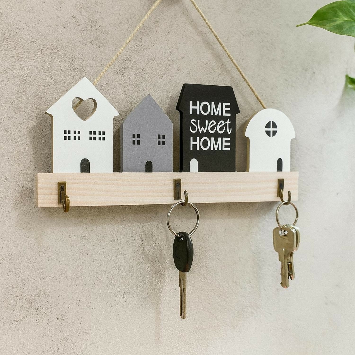Wooden Wall Mounted Key Holder | Decorative “Home Sweet Home” House-Shaped Key Hanger | 4 Hooks Key Organizer for Wall | Rustic Wooden Wall Décor for Entryway, Living Room, Office & Gifting