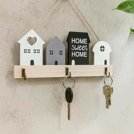 Wooden Wall Mounted Key Holder | Decorative “Home Sweet Home” House-Shaped Key Hanger | 4 Hooks Key Organizer for Wall | Rustic Wooden Wall Décor for Entryway, Living Room, Office & Gifting