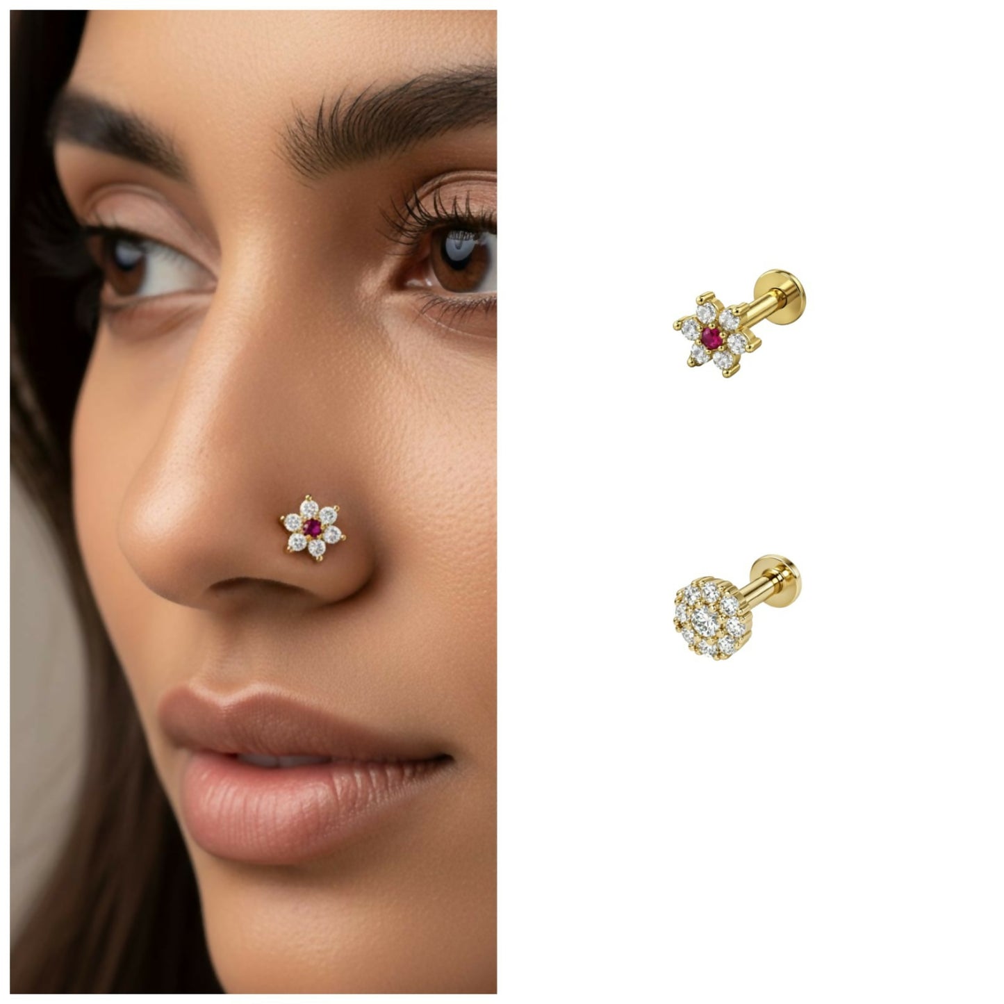 Close-up of flower cluster nosepin stud showing intricate ruby and diamond detailing