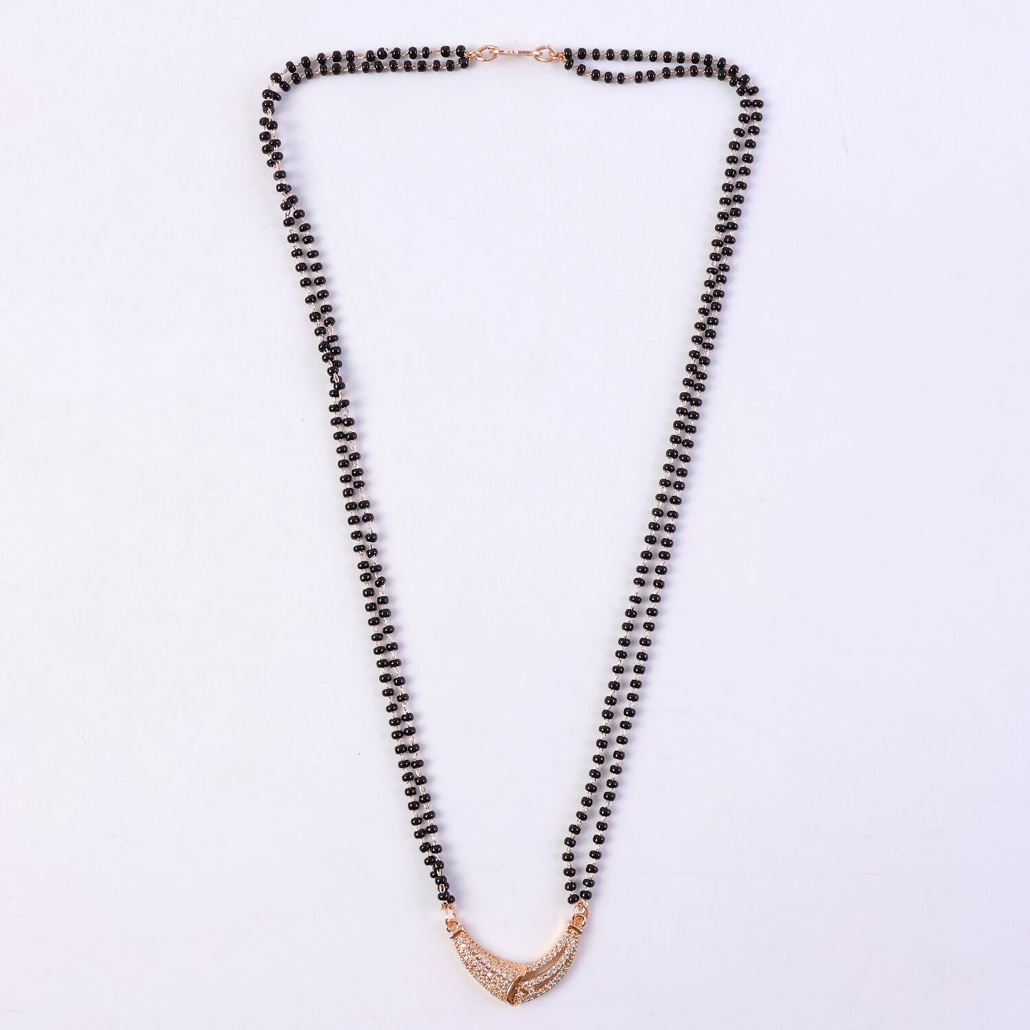 Rose Gold Finish Full CZ Crescent Moon Bar Double Strand Mangalsutra