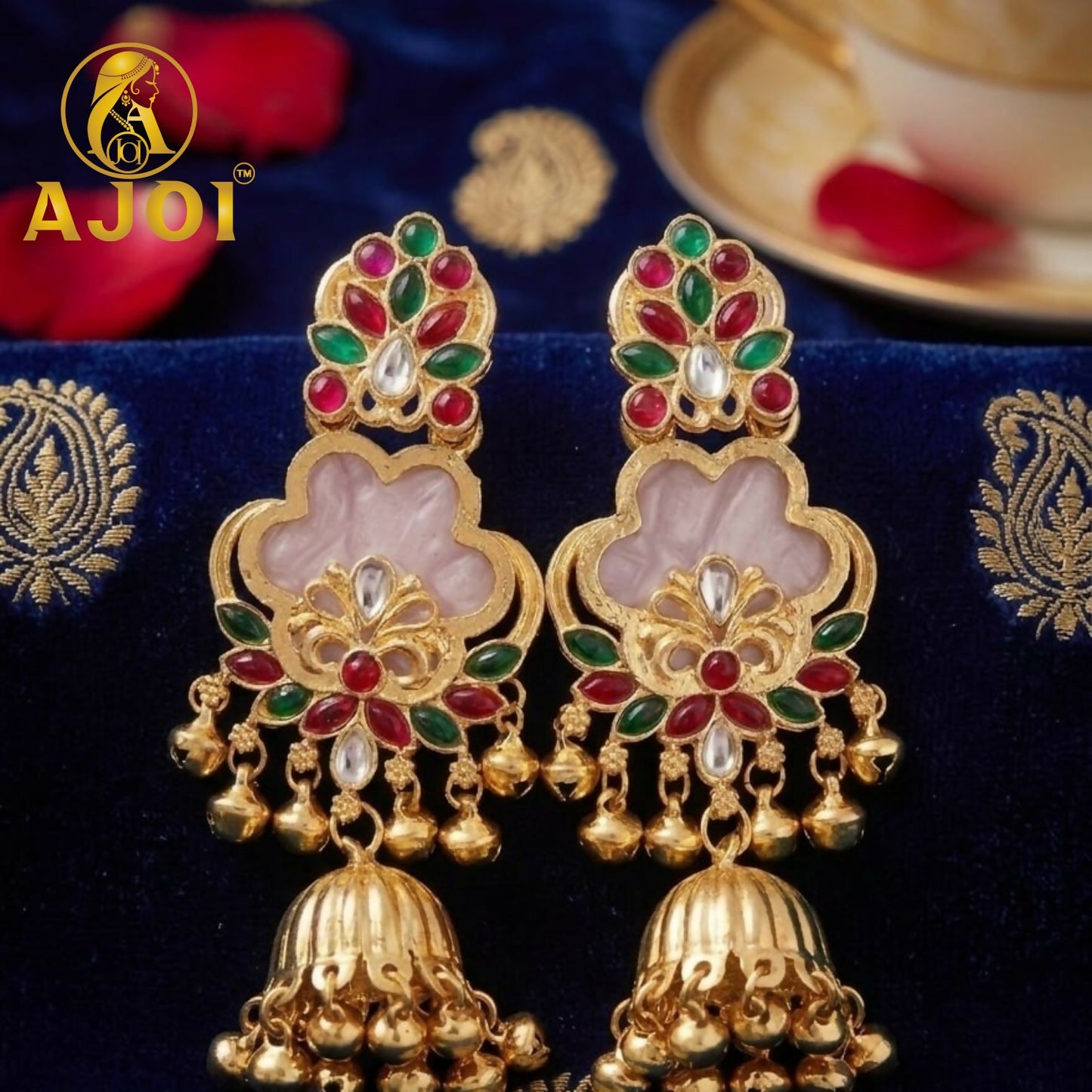 White Kundan Floral Jhumka Earrings with Stone Work Traditional Ethnic Design