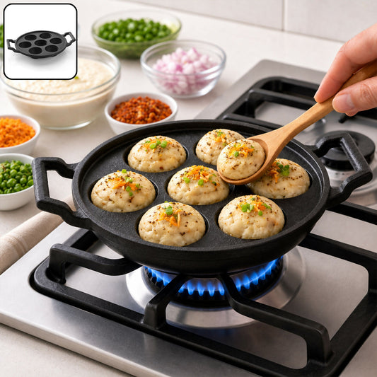 Cast Iron 7-Cavity Appam Pan with Dual Handles front view