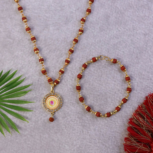 Rudraksha gold necklace and bracelet set with ornate designer pendant