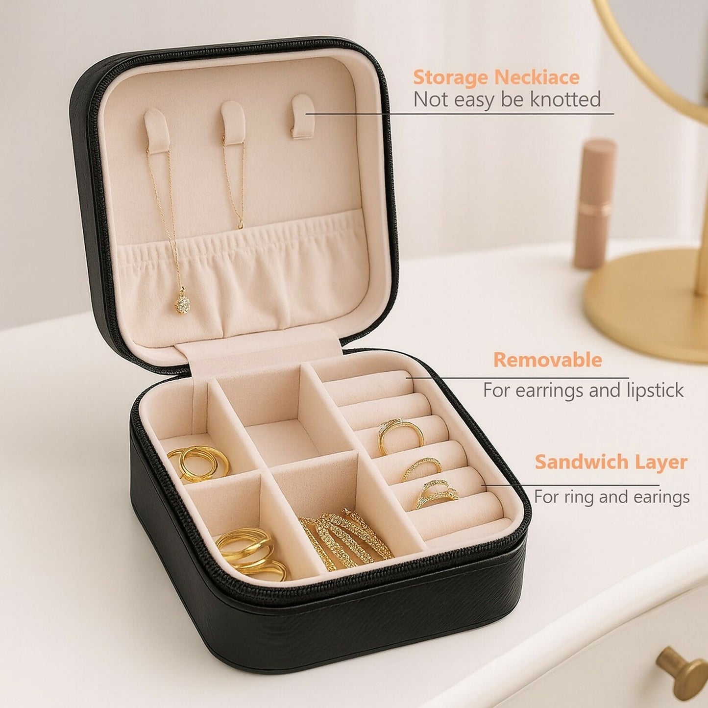 Premium Travel Jewelry Organizer Box with Ring Slots & Necklace Hooks – Black