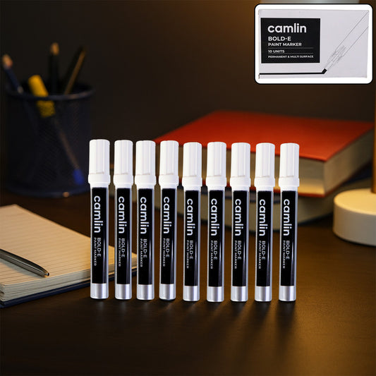 Camlin Bold-E Paint Marker – White Colour, Permanent & Refillable Paint Markers for Multi-Surface Industrial and Creative Use – Pack of 10
