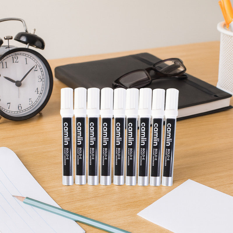 Camlin Bold-E Paint Marker – White Colour, Permanent & Refillable Paint Markers for Multi-Surface Industrial and Creative Use – Pack of 10
