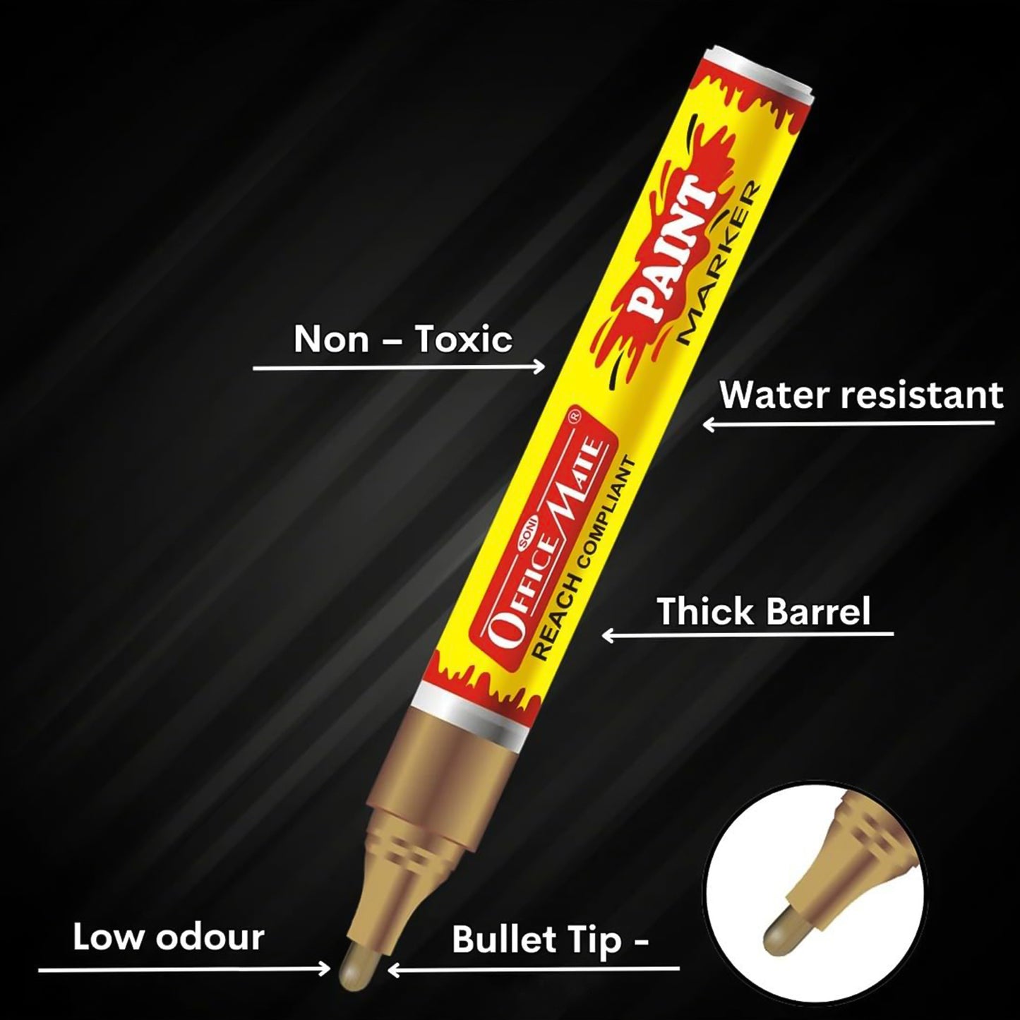 Officemate Permanent Paint Marker – Golden Quick-Dry Water-Resistant Ink